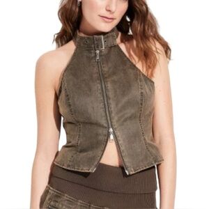 Waxed Twill Utility Top Brown High Neck Buckle Zip Front  Woman’s Size S